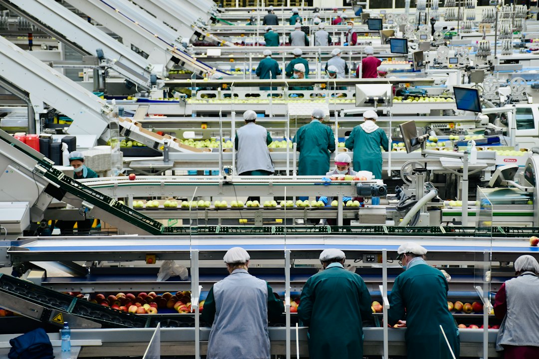 Productielijn met medewerkers in een fabriekshal